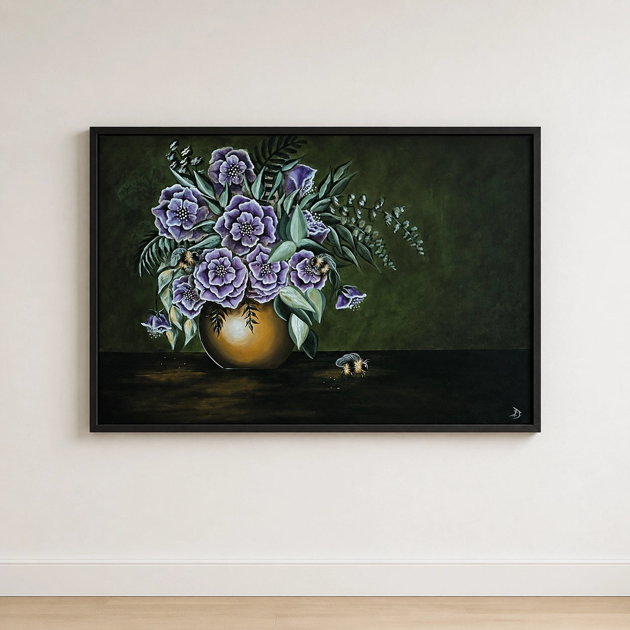 Framed painting of purple flowers in a vase on a white wall.